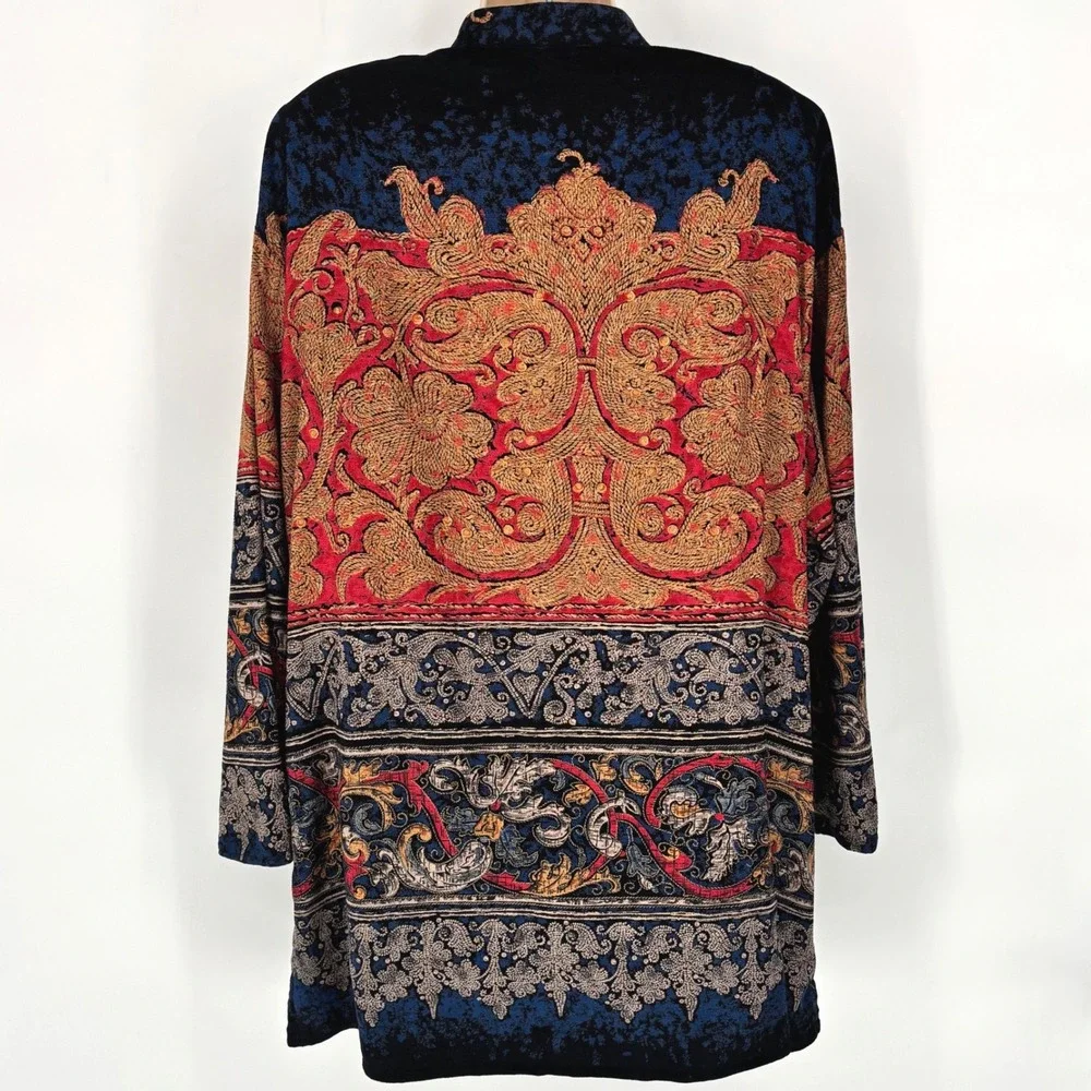 Carole Little Vintage Tapestry Print Button Front Longline Cardigan Jacket Red L